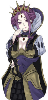  1girl absurdres arm_under_breasts black_choker black_dress breasts choker cleavage cleavage_cutout clothing_cutout commentary_request cowboy_shot cropped_legs dress earrings finger_to_mouth folded_hair freddyhalloween frilled_choker frilled_dress frilled_sleeves frills gold_dress gold_trim hand_up head_tilt highres huge_breasts jewelry leaning_forward long_hair long_sidelocks long_sleeves looking_at_viewer mature_female mirelia_q_melromarc multicolored_dress pale_skin pink_lips purple_choker purple_dress purple_eyes purple_hair sidelocks simple_background solo split_mouth tate_no_yuusha_no_nariagari two-tone_choker white_background white_dress wide_sleeves 