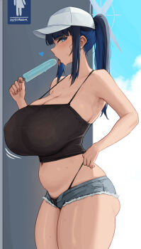  1girl alternate_breast_size_(larger) armpits ass baseball_cap belly black_camisole black_hair black_panties blue_archive blue_eyes blue_hair blue_halo breasts camisole cleavage cowboy_shot cross_halo curvy denim denim_shorts female_pubic_hair food from_side halo hat heart highres holding holding_food holding_popsicle huge_breasts long_hair looking_at_viewer looking_to_the_side micro_shorts midriff multicolored_hair navel official_alternate_costume panties plump ponytail popsicle pubic_hair pubic_hair_peek roresu saori_(blue_archive) saori_(swimsuit)_(blue_archive) shorts solo sweat tongue tongue_out underwear white_hat  rating:Questionable score:167 user:danbooru