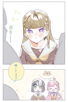  >:( 3girls :3 :d =_= ahoge anyoji_hime black_hair blush braid brown_dress brown_hair center-flap_bangs closed_mouth colored_speech_bubble commentary dress green_eyes hasu_no_shousankaku hasu_no_sora_school_uniform heart heart_ahoge highres hood hooded_jacket jacket jitome kachimachi_kosuzu link!_like!_love_live! long_hair long_sleeves love_live! momose_ginko multiple_girls neckerchief open_clothes open_jacket open_mouth pink_hair pink_jacket pipi_(m1x_mix) puff_of_air sailor_collar sailor_dress school_uniform shared_thought_bubble side_braids sidelocks smile speech_bubble symbol-only_commentary thought_bubble v-shaped_eyebrows virtual_youtuber white_sailor_collar winter_uniform yellow_neckerchief 