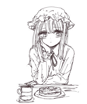  1girl arm_on_table blonde_hair blush breasts closed_mouth collar cup dessert dress dress_ribbon food greyscale hair_between_eyes hand_on_own_cheek hand_on_own_face hand_on_table hand_rest hat kashiwada_kiiho long_sleeves maribel_hearn medium_breasts mob_cap monochrome plate ribbon sad simple_background sitting solo table teacup touhou white_background white_collar white_hat 