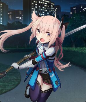  1girl :o arm_armor black_bow black_shorts blush bow brown_eyes building cityscape cosplay dot_nose emblem game_cg gloves grey_gloves hair_bow hair_horns hair_ribbon hedge huge_weapon incoming_attack katana long_hair looking_at_viewer mashiko_kaoru night official_art open_mouth outdoors path pink_hair purple_thighhighs red_ribbon ribbon road saionji_reimi saionji_reimi_(cosplay) shorts solo star_ocean star_ocean:_the_last_hope sword thighhighs third-party_source toji_no_miko toji_no_miko:_kizamishi_issen_no_tomoshibi tree twintails weapon 