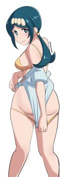  1girl artist_name ass bikini bikini_bottom_pull blue_eyes blue_hair blush breasts covering_ass covering_privates female_focus highres huge_ass lana's_mother_(pokemon) large_breasts looking_back mature_female nintendo pabsmikan panties pokemon pokemon_(anime) pokemon_sm_(anime) sideboob smile solo swimsuit teasing thighs underwear undressing white_background  rating:Questionable score:82 user:StrikerHERO