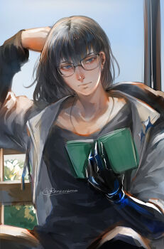 1boy absurdres bespectacled book closed_mouth commentary earrings english_commentary expressionless fate/grand_order fate_(series) glasses grey_jacket highres jacket jewelry looking_at_viewer male_focus necklace oberon_(fate) oberon_(third_ascension)_(fate) open_book renrenka_noi sitting solo twitter_username 