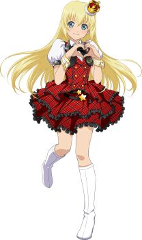  1girl artist_request bandai_namco black_neckerchief black_trim blonde_hair blue_eyes boots buttons closed_mouth colette_brunel collar collared_shirt crown frilled_skirt frills full_body game_cg heart heart_hands heart_ornament highres idol idol_clothes idolmaster idolmaster_million_live! knee_boots knees light_blush long_hair looking_at_viewer mini_crown neckerchief official_art plaid_clothes plaid_skirt plaid_vest prologue_rouge_(idolmaster) puffy_short_sleeves puffy_sleeves red_skirt shirt short_sleeves simple_background skirt smile solo standing standing_on_one_leg star_(symbol) tales_of_(series) tales_of_asteria tales_of_symphonia third-party_source transparent_background vest white_background white_boots white_collar white_shirt wrist_cuffs yellow_wrist_cuffs 