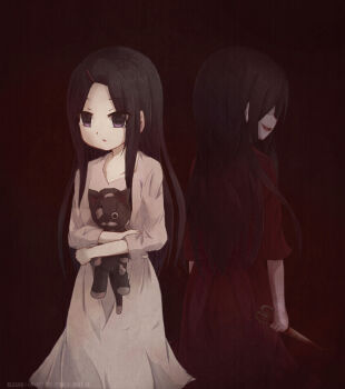  2girls artist_name bilingual_commentary black_hair blood blood_on_scissors colored_skin commentary commentary_request corpse_party dark_persona dress dual_persona english_commentary grey_skin highres hikari_niji holding holding_scissors hug light_persona long_hair mixed-language_commentary multiple_girls open_mouth red_dress scissors shinozaki_sachiko sidelocks stuffed_animal stuffed_toy torn_stuffed_toy white_dress 