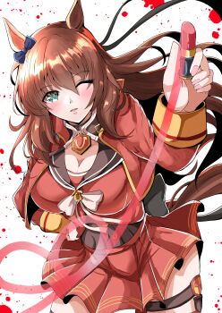  1girl absurdres animal_ears blue_bow blue_eyes blush bow breasts brown_hair brown_sailor_collar cleavage commentary_request cosmetics cropped_jacket ear_bow green_eyes hair_between_eyes highres holding holding_lipstick_tube horse_ears horse_girl horse_tail jacket kentan_(kingtaiki) large_breasts lipstick lipstick_tube long_hair long_sleeves looking_at_viewer makeup maruzensky_(formula_r)_(umamusume) maruzensky_(umamusume) one_eye_closed parted_lips pendant_choker red_jacket red_serafuku red_shirt red_skirt red_thighhighs sailor_collar school_uniform serafuku shirt skirt smile solo tail thigh_strap thighhighs umamusume 