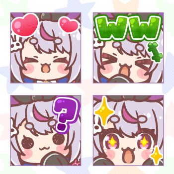  >_< +++ +_+ 1girl :3 :d ? blush_stickers chibi closed_eyes commentary_request grey_hair hair_ornament heart highres long_sleeves mitarashi_neko multicolored_hair multiple_views open_mouth purple_hair rabbit_hair_ornament short_eyebrows sleeves_past_fingers sleeves_past_wrists smile solid_circle_eyes sparkle streaked_hair thick_eyebrows tosaki_mimi virtual_youtuber vspo! xd 