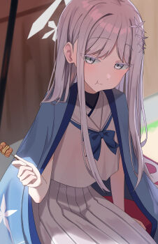  1girl absurdres blue_archive blue_haori blush bow closed_mouth colored_eyelashes commentary_request eating food hair_ornament halo haori haori_on_shoulders highres holding holding_food japanese_clothes long_hair looking_at_viewer meganeko10_6 nagusa_(blue_archive) pleated_skirt sailor_collar school_uniform serafuku sitting skirt snowflake_hair_ornament snowflake_halo solo white_eyelashes white_eyes white_hair white_halo white_sailor_collar white_serafuku white_skirt yakitori 
