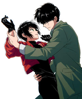  2boys black_gloves black_hair closed_mouth commentary dutch_angle eye_contact formal_clothes glasses gloves green_eyes hand_on_another's_waist holding_another's_wrist jacket long_sleeves looking_at_another male_focus multiple_boys profile red_jacket sakurazuka_seishirou sekai_yoni short_hair sleeveless sleeveless_turtleneck suit sumeragi_subaru tokyo_babylon turtleneck upper_body white_background x_(manga) yaoi 
