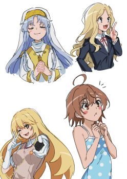  4girls ;d absurdres black_jacket blazer blonde_hair blue_dress blue_eyes blush_stickers breasts brown_eyes brown_hair brown_sweater_vest ci31205 collared_shirt commentary_request controller cropped_torso dress elbow_gloves frenda_seivelun gloves grey_hair highres holding holding_controller holding_remote_control index_(toaru_majutsu_no_index) index_finger_raised jacket large_breasts last_order_(toaru_majutsu_no_index) long_hair multiple_girls neck_ribbon notice_lines nun nun_headdress one_eye_closed open_mouth own_hands_clasped own_hands_together polka_dot polka_dot_dress red_ribbon remote_control ribbon safety_pin school_emblem school_uniform shirt shokuhou_misaki short_hair short_sleeves sleeveless sleeveless_dress smile star-shaped_pupils star_(symbol) summer_uniform sweater_vest symbol-shaped_pupils toaru_kagaku_no_railgun toaru_majutsu_no_index tokiwadai_school_uniform v-neck w white_background white_gloves white_polka_dots white_shirt 