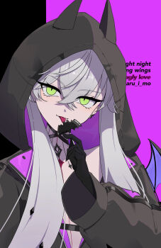  1girl absurdres bat_wings candy commentary_request earrings fate/grand_order fate_(series) food green_eyes highres hood hoodie jewelry lilith_(fate) lilith_(first_ascension)_(fate) lollipop looking_at_viewer marumaru_i_mo neck_tattoo single_earring solo tattoo tongue twintails white_hair wings 