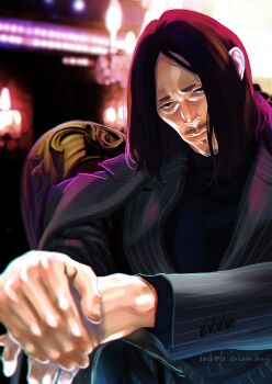  1boy absurdres beard coat coat_on_shoulders commentary_request crowbar facial_hair highres holding holding_crowbar holding_weapon jacket long_hair male_focus mustache nicacu own_hands_together pinstripe_jacket pinstripe_pattern ryuu_ga_gotoku_(series) ryuu_ga_gotoku_8 sitting solo weapon yamai_yutaka 