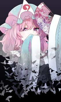  1girl bird blue_hat blue_kimono bug butterfly covering_own_mouth flock folding_fan frilled_kimono frills ghost hand_fan haruki_reimari hat highres hitodama insect japanese_clothes kimono looking_at_viewer mob_cap pink_eyes pink_hair saigyouji_yuyuko saigyouji_yuyuko's_fan_design sleeve_garter solo touhou triangular_headpiece 