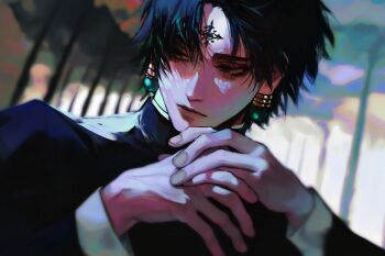  1boy agzamx arms_up black_hair black_jacket chrollo_lucilfer closed_mouth collared_jacket earrings eyelashes facial_mark forehead_mark hunter_x_hunter jacket jewelry layered_sleeves long_sleeves looking_to_the_side male_focus piercing shirt short_hair sideways_glance solo sphere_earrings upper_body white_shirt 