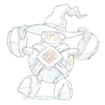  blush blush_stickers clothed_pokemon commentary_request full_body gen_5_pokemon golett hands_on_headwear hat highres kuroki_shigewo lineart nintendo no_humans pokemon pokemon_(creature) pokemon_focus simple_background sketch solo traditional_media white_background witch_hat 