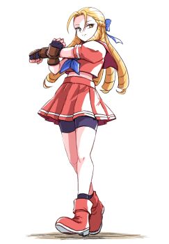  1girl antenna_hair bike_shorts bike_shorts_under_skirt black_gloves black_shorts black_socks blonde_hair blue_bow blue_neckerchief bow closed_mouth commentary_request drill_hair fingerless_gloves full_body gloves hair_bow highres ikaringo_(ikaringo4444) kanzuki_karin long_hair looking_to_the_side midriff neckerchief pleated_skirt puffy_short_sleeves puffy_sleeves red_shirt red_shoes red_skirt school_uniform shirt shoes short_sleeves shorts skirt smile socks solo street_fighter white_background yellow_eyes 