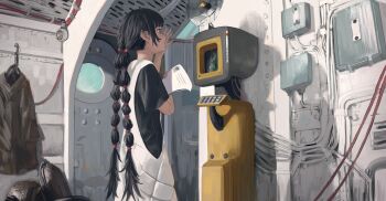  1girl absurdres black_hair cable commentary crt door dress english_commentary highres holding holding_paper multi-tied_hair open_mouth original paper profile rivets satellite_dish screen ship_interior short_sleeves solo twintails ujin_holo white_dress window 