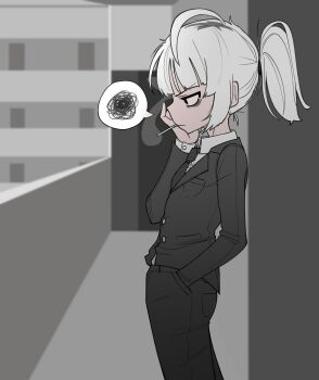  1girl absurdres ahoge black_eyes black_jacket black_necktie black_pants black_suit cigarette closed_mouth cowboy_shot formal_clothes from_side grey_background hand_in_pocket highres jacket long_sleeves mouth_hold necktie nightcore_(n19htc0r333) original pant_suit pants ponytail profile short_hair short_ponytail smoke smoke_trail smoking solo speech_bubble spoken_squiggle squiggle suit suit_jacket white_hair 