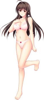  1girl ahoge barefoot blush bra breasts brown_eyes brown_hair cleavage collarbone full_body game_cg hair_intakes hairband hand_on_own_chest highres large_breasts large_variant_set leg_up long_hair looking_at_viewer maishima_yuri navel nerawareta_megami_tenshi_angel_tear non-web_source official_art panties pink_bra pink_panties ribbon self-datamine solo standing standing_on_one_leg tachi-e transparent_background tsukumo_kazuita underwear underwear_only variant_set 
