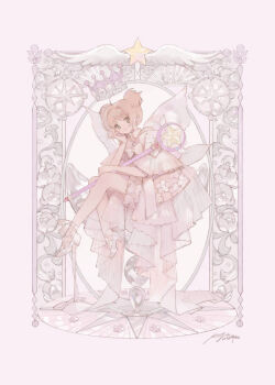 1girl border brown_hair cardcaptor_sakura child commentary crown dress english_commentary full_body green_eyes head_rest high_heels holding holding_wand hoshi_no_tsue invisible_chair kinomoto_sakura layered_dress looking_at_viewer ornate_border pastel_colors pink_background pink_dress ririfa shoes signature simple_background sitting smile solo star_(symbol) star_wand two_side_up wand white_shoes wings