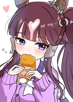  1girl absurdres animal_ears arnolddayo blush cardigan commentary_request earrings eating food hair_between_eyes hair_ornament heart highres horse_ears jewelry long_hair looking_at_viewer lucky_lilac_(umamusume) purple_eyes school_uniform side_ponytail solo spoken_heart tracen_school_uniform umamusume 