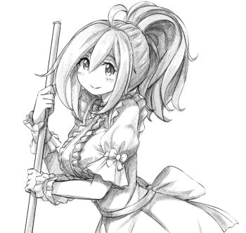  1girl broom closed_mouth commentary dress english_commentary frills from_side holding holding_broom kay_yu looking_at_viewer maid medium_hair original pink-haired_girl_(kay_yu) ponytail short_sleeves simple_background smile solo upper_body white_background 