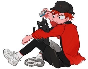  1boy :o animal animal_on_arm ankle_socks arm_on_knee baseball_cap bent_back black_cat black_hat black_jacket black_leggings black_shirt black_shorts bright_pupils can canned_food cat choppy_bangs commentary eye_contact fang from_side full_body hand_up hat jacket leggings leggings_under_shorts looking_at_animal looking_at_another looking_down male_focus multicolored_jacket naruko_shoukichi o_omome open_clothes open_jacket open_mouth pet_food red_eyes red_hair red_jacket shirt shoes short_hair shorts sideways_glance simple_background sneakers socks solo spiked_hair symbol-only_commentary three-quarter_sleeves tsurime tube_socks two-tone_jacket v-shaped_eyebrows very_short_hair white_background white_pupils white_shoes white_socks yowamushi_pedal 