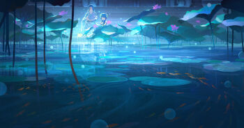  2boys ^_^ absurdres banbi blue_hair child chinese_commentary closed_eyes commentary_request flute highres holding holding_instrument instrument lily_pad long_hair long_sleeves luo_xiaohei luo_xiaohei_zhanji morncolour multiple_boys music night outdoors plant playing_instrument pond scenery school_of_fish shirt short_hair stairs water wide_shot wuxian_(the_legend_of_luo_xiaohei) 