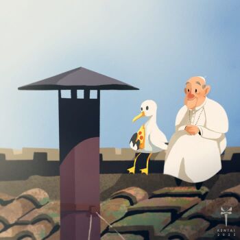  1boy 1other bird centurygotham chimney cross cross_necklace eating food holding holding_food holding_pizza jewelry long_sleeves necklace on_roof outdoors pizza pizza_slice pope pope_francis robe seagull sitting white_hair white_robe zucchetto 