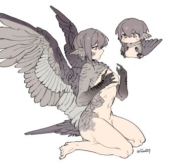  1girl bang_dream! bang_dream!_it's_mygo!!!!! barefoot bird_girl bird_tail bird_wings breasts brown_eyes chibi chibi_inset chinese_commentary claws closed_mouth commentary_request confused feathered_wings feathers full_body grey_feathers grey_hair grey_wings guagua977 head_wings highres medium_breasts monster_girl monsterification nude short_hair simple_background sitting solo tail takamatsu_tomori white_background wings 