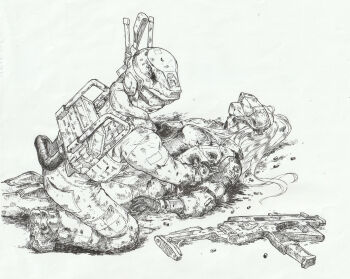  2girls armor commentary_request ear_protection feet_out_of_frame full_body gloves goddess_of_victory:_nikke greyscale gun helmet highres idoll_flower_(nikke) injury long_hair lying monochrome multiple_girls ogirin3948 on_back open_mouth pp-2000 ryona shadow shell_casing short_hair soldier_ow_(nikke) squatting submachine_gun teeth upper_teeth_only weapon 