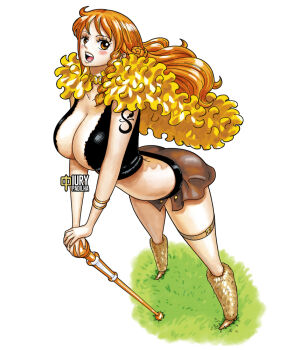  1girl artist_name blush bracelet braid braided_sidelock breasts brown_loincloth brown_skirt capelet cleavage clima-tact collarbone commentary crop_top curvy english_commentary from_side full_body fur_capelet gold_choker grass holding holding_staff holding_weapon iury_padilha jewelry large_breasts leg_warmers long_hair looking_at_viewer midriff miniskirt nami_(one_piece) nami_(one_piece)_(elbaf) official_alternate_costume official_alternate_hairstyle one_piece open_mouth orange_eyes orange_hair shoulder_tattoo signature skirt solo staff standing tattoo thigh_strap wavy_hair weapon white_background wide_hips yellow_capelet  rating:Sensitive score:19 user:danbooru