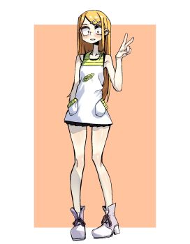  1girl apron blonde_hair blush commentary constricted_pupils dagashi_kashi ear_piercing endou_saya english_commentary full_body go_d_e grin hair_ornament hairclip high_heels highres long_hair piercing pleated_skirt shirt skirt sleeveless sleeveless_shirt smile solo v very_long_hair yellow_eyes 