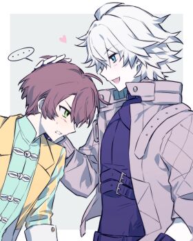  2boys ahoge belt black_belt black_shirt blue_eyes blush border brown_hair clenched_teeth dystopia_no_ou from_side green_eyes green_shirt grey_background grey_jacket hand_in_another's_hair heart highres inga_kiriku iro_(kakerairo) jacket kachou_suimei lapels long_sleeves male_focus multiple_boys notched_lapels open_clothes open_jacket open_mouth outside_border shirt short_hair smile sweat teeth white_border white_hair yaoi yellow_jacket 