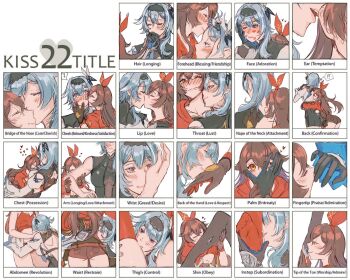  ! !! 22_kisses 2girls amber_(genshin_impact) black_hairband blue_eyes blue_hair blush brown_hair chart closed_eyes couple english_text eula_(genshin_impact) genshin_impact gloves hair_ornament hair_ribbon hairband heart highres kiegenshin kiss kiss_chart kissing_arm kissing_back kissing_cheek kissing_chest kissing_ear kissing_foot kissing_forehead kissing_hand kissing_neck kissing_nose kissing_thigh long_hair medium_hair multiple_drawing_challenge multiple_girls nape red_ribbon ribbon short_hair short_shorts shorts thighhighs yuri zettai_ryouiki 