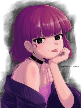  1girl :p amelia_(pathways) animification artist_name blunt_bangs brown_eyes character_name clip_studio_paint_(medium) collar commentary dress hand_on_own_chin head_rest highres jacket jacket_over_dress jacket_partially_removed leaning_forward looking_at_viewer luiiferu medium_hair mole mole_under_eye nose open_clothes open_jacket painterly pathways_(game) pink_dress purple_hair purple_jacket smile solo spaghetti_strap tongue tongue_out turning_head upper_body  rating:General score:18 user:danbooru