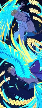  2boys abs absurdres aqua_eyes bare_pectorals black_pants blonde_hair blue_wings chest_tattoo collared_shirt commentary devil_fruit_power facial_hair feathered_wings glasses highres long_sleeves male_focus marco_(one_piece) multiple_boys multiple_persona murokan_77 one_piece open_clothes open_shirt pants pectorals shirt sky star_(sky) starry_sky tattoo untranslatable_commentary white_shirt wing_collar wings 