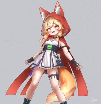  animal_ears arknights arknights:_endfield black_boots blonde_hair boots brown_eyes cape dress dric fox_girl highres hood hooded_cape long_hair looking_at_viewer open_mouth red_cape rossi_(arknights) smile socks tail white_dress white_socks wolf_ears wolf_girl wolf_tail  rating:General score:5 user:Dric