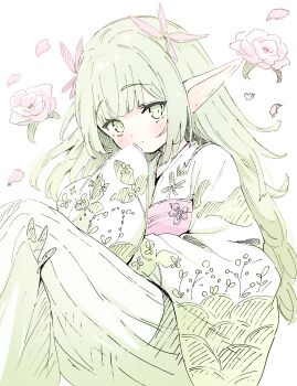  1girl absurdres blush closed_mouth commentary_request emimeku flower green_eyes green_hair hair_flower hair_ornament highres japanese_clothes kimono knees_up long_hair long_pointy_ears long_sleeves looking_at_viewer obi original petals pink_flower pointy_ears sash simple_background sitting sleeves_past_fingers sleeves_past_wrists solo very_long_hair white_background white_kimono wide_sleeves 