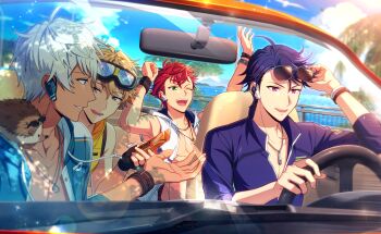  4boys blonde_hair blue_eyes bracelet brad_beams brown_eyes car dark-skinned_male dark_skin eyewear_on_head green_eyes helios_rising_heroes highres holding hood jewelry male_focus motor_vehicle multiple_boys necklace official_art one_eye_closed open_clothes open_mouth oscar_bale otori_akira purple_hair red_eyes red_hair smile steering_wheel sunglasses teeth tree white_hair will_sprout 