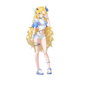 1girl absurdres bare_legs blonde_hair blue_eyes bow breasts candy eyelashes food full_body hair_bow hair_ornament hair_ribbon highres holding holding_candy holding_food holding_lollipop hood hood_down hooded_jacket ib_(kouri) jacket jacket_over_swimsuit lollipop long_bangs long_hair looking_at_viewer mary_(ib) mechanical_ears navel non-web_source open_clothes open_jacket petite rhan ribbon short-sleeved_jacket short_sleeves slippers small_breasts smirk smug solo standing swimsuit thigh_strap thighs wristband