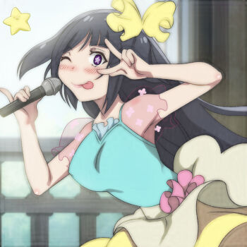  1girl black_hair blue_shirt blush bow breasts covered_erect_nipples hair_bow holding holding_microphone idol large_breasts leaning_forward long_hair looking_at_viewer microphone one_eye_closed pillar pinky_out purple_eyes railing shirt short_sleeves skirt sky smile standing star-shaped_pupils star_(symbol) symbol-shaped_pupils t_jiroo_(ringofriend) tongue tongue_out twintails v wink yamada_tae yellow_bow yellow_skirt zombie_land_saga  rating:Sensitive score:1 user:cpee