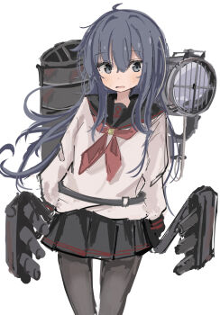  1girl absurdres akatsuki_(kancolle) akatsuki_kai_ni_(kancolle) black_pantyhose black_sailor_collar black_skirt blue_eyes blue_hair blush commentary english_commentary hair_between_eyes highres ichiha_(ichi_u2) kantai_collection long_hair long_sleeves neckerchief open_mouth pantyhose pleated_skirt red_neckerchief rigging sailor_collar school_uniform searchlight serafuku simple_background skirt solo white_background 