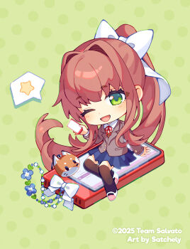  1girl ;d artist_name black_thighhighs blazer blue_flower blue_skirt bow brown_hair cellphone chibi chibi_only commentary copyright_notice doki_doki_literature_club doki_doki_literature_club_school_uniform english_commentary flower green_background green_eyes grey_jacket hair_bow high_ponytail highres holding holding_phone jacket long_hair monika_(doki_doki_literature_club) one_eye_closed open_mouth phone pleated_skirt polka_dot polka_dot_background ponytail satchely school_uniform shirt shoes sitting skirt smartphone smile solo spoken_star star_(symbol) thighhighs very_long_hair white_bow white_shirt white_shoes 