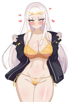  1girl absurdres bare_shoulders black_jacket black_survival bra commentary_request eternal_return:_black_survival grey_hair highres jacket korean_commentary long_hair looking_at_viewer navel oldsickkim open_clothes open_jacket panties rio_(black_survival) simple_background solo thigh_gap thighs underwear white_background yellow_bra yellow_eyes yellow_panties 