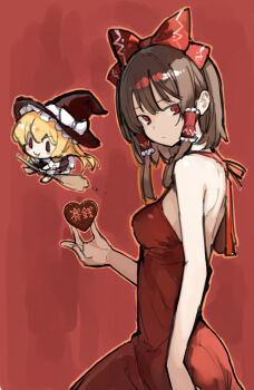  2girls :3 alternate_costume asakura_maru black_hat bow broom broom_riding brown_hair candy chibi chocolate chocolate_heart closed_mouth commentary_request dress food hair_bow hair_tubes hakurei_reimu hat hat_bow heart heart-shaped_food highres kirisame_marisa long_hair looking_at_viewer multiple_girls red_background red_bow red_dress smile touhou translation_request white_bow witch_hat 