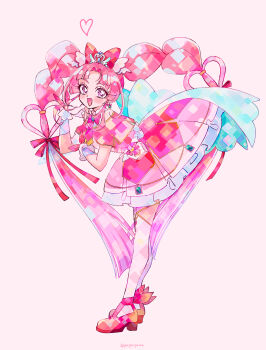  1girl back_bow bent_over blue_bow bow bowtie braid brooch capelet commentary cure_mystique dress earrings fingerless_gloves frilled_dress frills from_side glove_ribbon gloves grey_background hair_bow hair_ornament hair_ribbon hand_on_own_arm hand_on_own_face heart heart_brooch heart_hair_ornament highres huge_bow impossible_hair jewelry kobayashi_mikuru layered_dress layered_gloves leaning_forward long_hair looking_at_viewer magical_girl medium_dress meitantei_precure! off-shoulder_capelet open_mouth pact_holder paddy_field parted_bangs pink_bow pink_bowtie pink_capelet pink_dress pink_hair pink_shoes precure purple_eyes red_bow ribbon shoes simple_background smile solo standing thighhighs turning_head twin_braids twintails twitter_username very_long_hair white_thighhighs wing_hair_ornament 