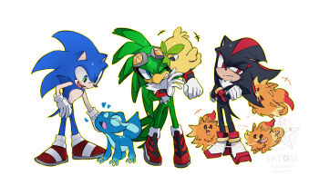  3boys absurdres bird_boy browt clenched_teeth crossed_arms crossover excited frown furry furry_male gecqua goggles goggles_on_head heart hedgehog_boy highres jet_the_hawk multiple_boys nintendo on_shoulder petting pokemon pokemon_(creature) pokemon_on_shoulder pombon red_shoes satosi_peter shadow_the_hedgehog shoes simple_background sonic_(series) sonic_the_hedgehog starter_pokemon_trio teeth white_background 