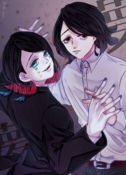  2boys aqua_eyes asymmetrical_bangs belt black_hair black_jacket black_pants blood brown_background brown_belt brown_eyes buttons character_name colored_tips commentary_request cowboy_shot crying crying_with_eyes_open demon_boy dual_persona empty_eyes enmu_(kimetsu_no_yaiba) facial_mark fangs fingernails hands_up highres holding_hands interlocked_fingers jacket kimetsu_no_yaiba kino_(uni_sk38) light_persona long_sleeves looking_at_viewer looking_back male_focus medium_hair multicolored_hair multiple_boys open_mouth pants parted_lips purple_nails shirt smile suit_jacket symbol-shaped_pupils tears tears_facial_mark teeth trap twitter_username undershirt white_shirt 