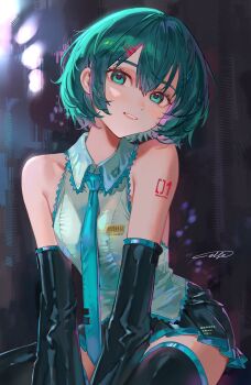  1girl absurdres alternate_hair_length alternate_hairstyle aqua_necktie aqua_trim arm_tattoo between_legs black_skirt black_sleeves black_thighhighs blush bob_cut breasts collared_shirt commentary copyright_name cowboy_shot detached_sleeves elfe_art english_commentary frilled_shirt frills green_eyes green_hair hair_between_eyes hair_ornament hairclip hand_between_legs hatsune_miku highres looking_at_viewer miniskirt necktie number_tattoo parallel_hairclips parted_lips pleated_skirt shiny_clothes shirt short_hair sidelocks signature sitting skirt sleeveless sleeveless_shirt small_breasts smile solo tattoo teeth thighhighs tie_clip untucked_shirt vocaloid white_shirt zettai_ryouiki 